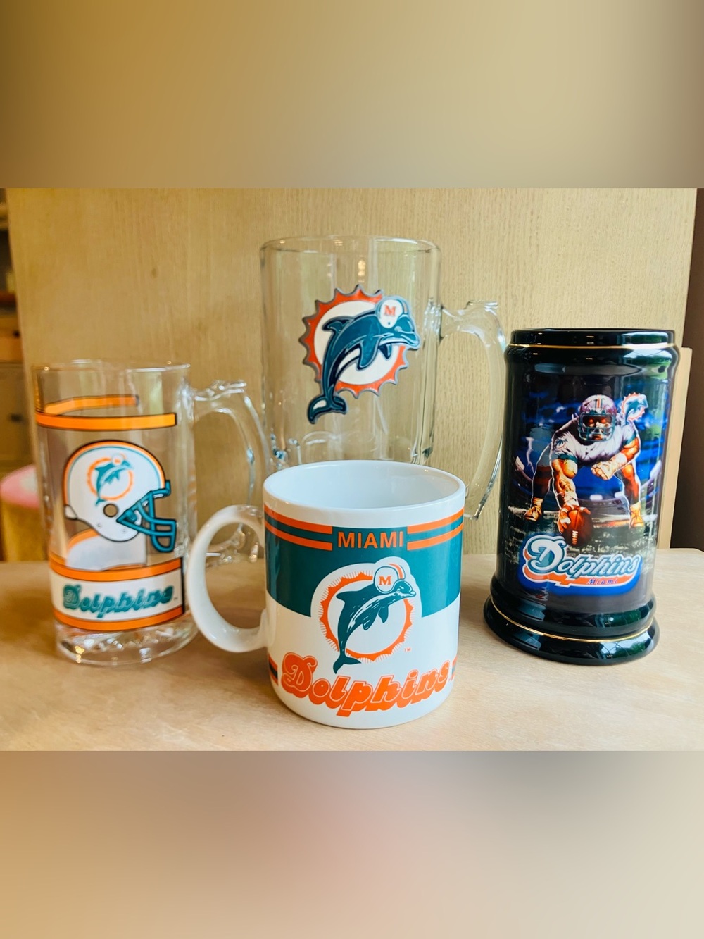 Vintage 1980s-90s Miami Dolphins Logo NFL Double Sided Mug And Glasses